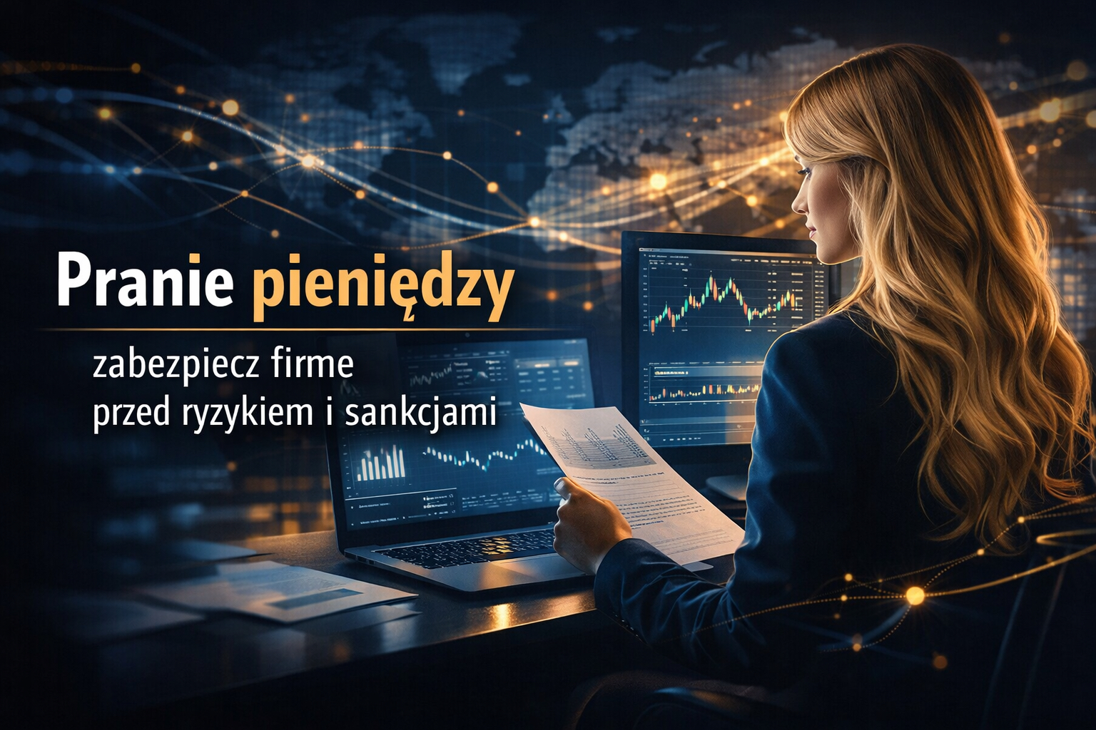 Blond kobieta analizuje dane finansowe na ekranach - pranie pieniędzy i AML