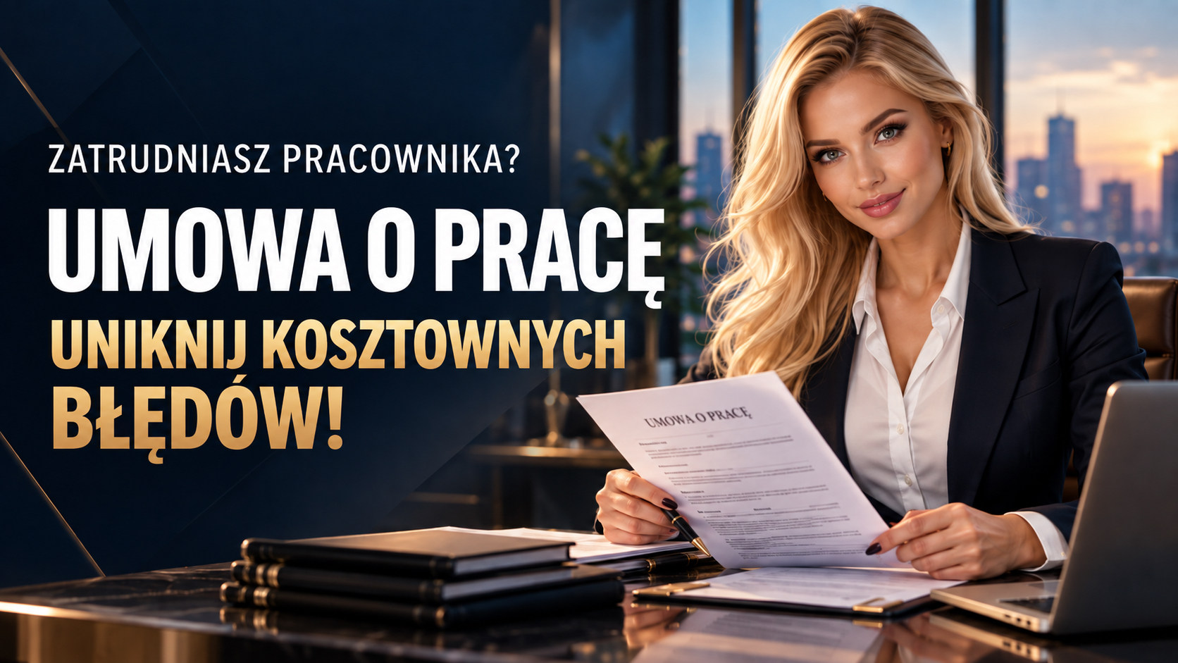 Blondynka analizuje umowę o pracę w biurze - obowiązkowe zapisy i błędy przy zatrudnianiu